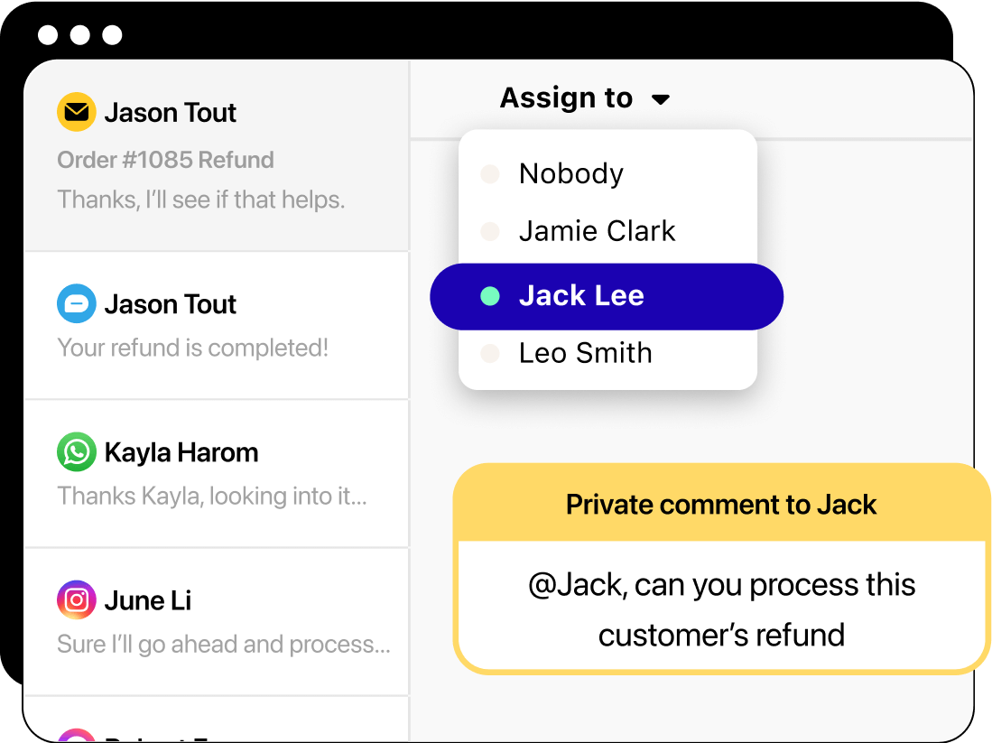 Internal chat interface showing a chat being reassigned to a different agent with an internal note.