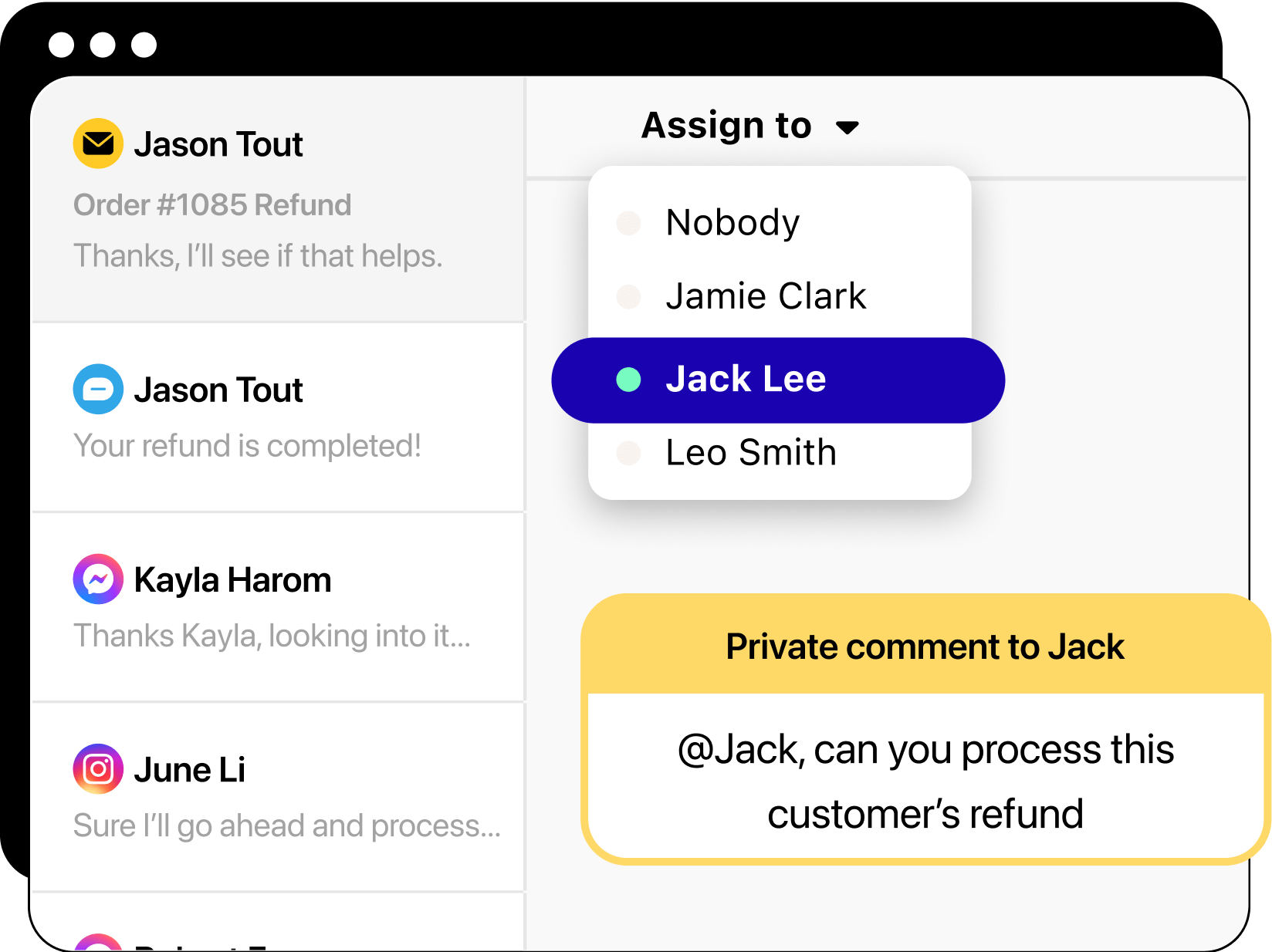 Internal chat interface showing a chat being reassigned to a different agent with an internal note.