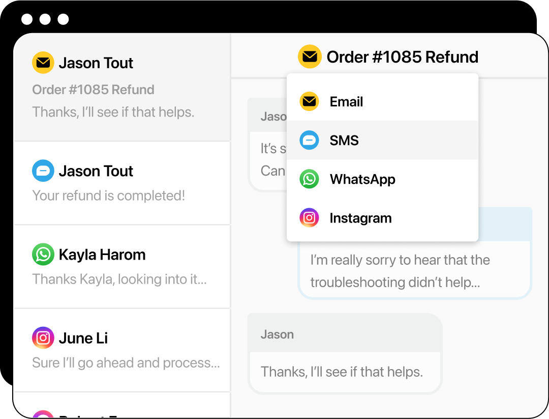 Chat interface showing customer troubleshooting via SMS, then requesting a refund via email when it doesn’t work and the rep granting it.