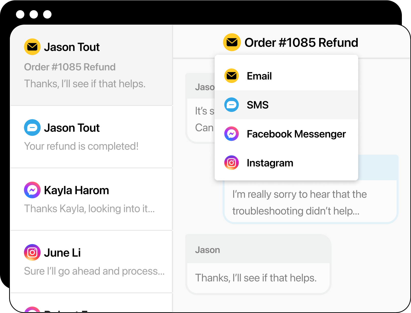 Chat interface showing customer troubleshooting via SMS, then requesting a refund via email when it doesn’t work and the rep granting it.