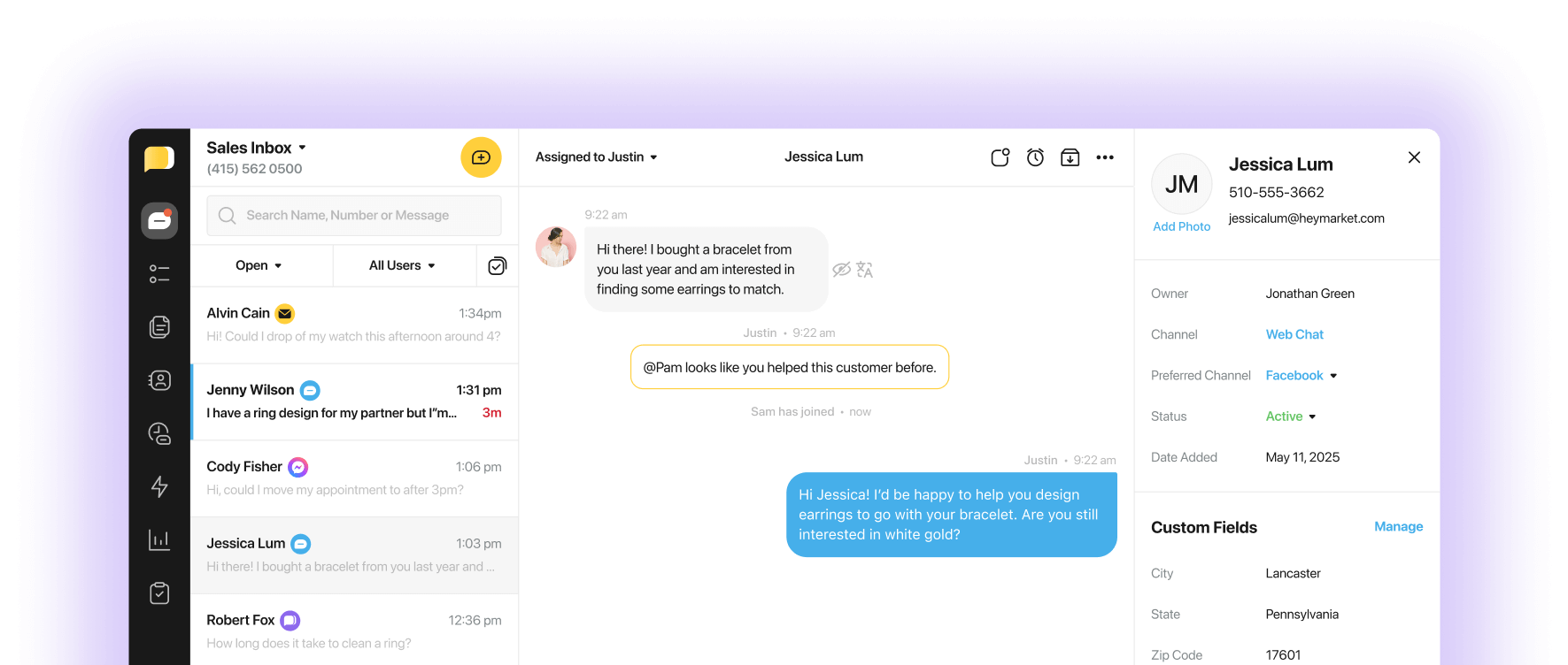 Business text messaging and email using Heymarket's omnichannel shared inbox.