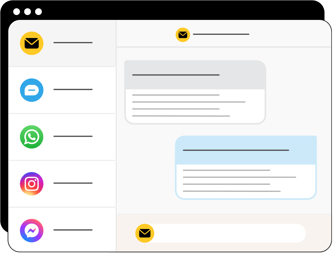 Illustration of an omnichannel shared inbox featuring email, SMS, WhatsApp, Instagram messaging, and Facebook Messenger