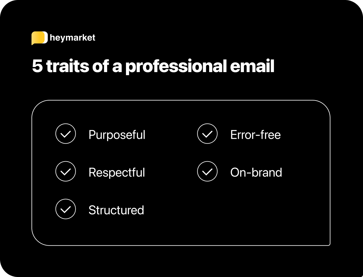 Graphic showing '5 traits of a professional email': Purposeful, Error-free, Respectful, On-brand, and Structured.