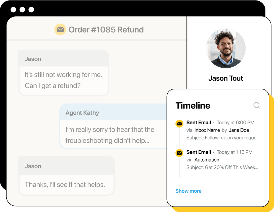 Shared inbox interface showing contact panel with brief message timeline.
