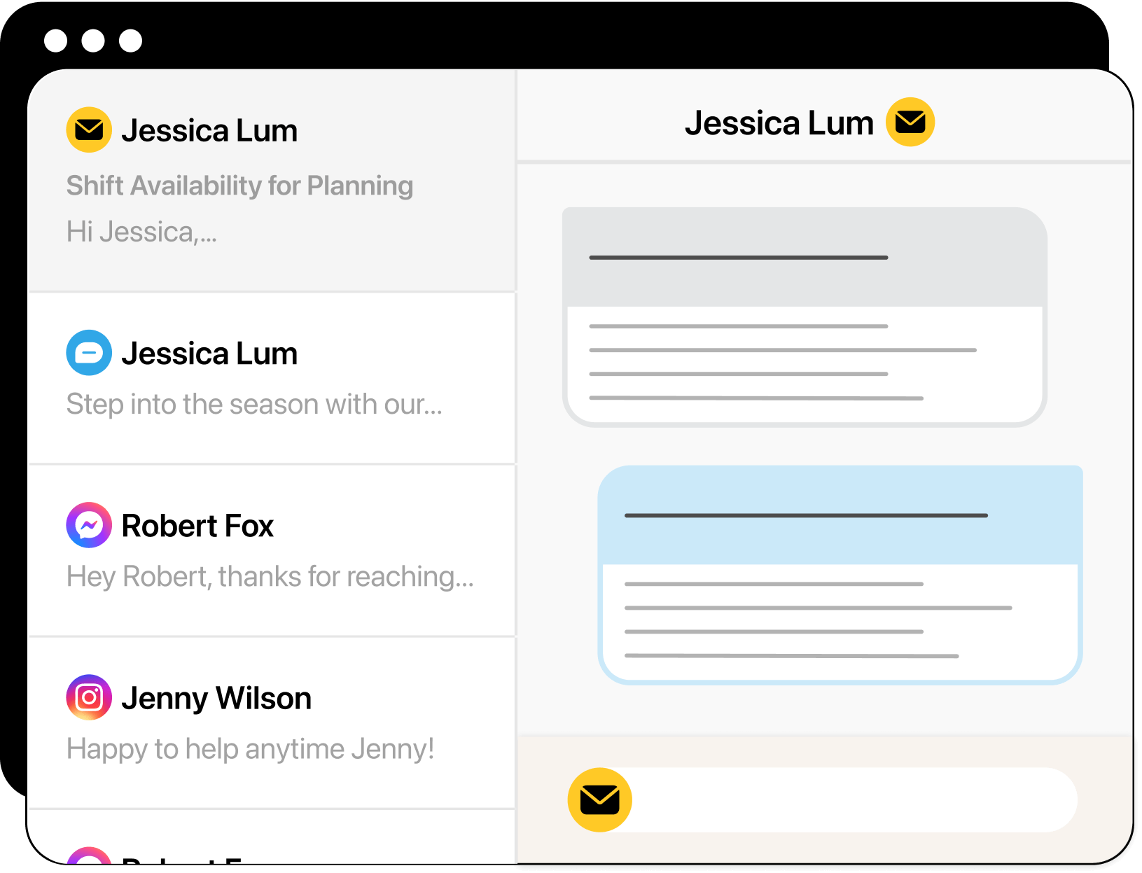 List of customer conversations on multiple channels from chats view on the left side of the shared inbox.