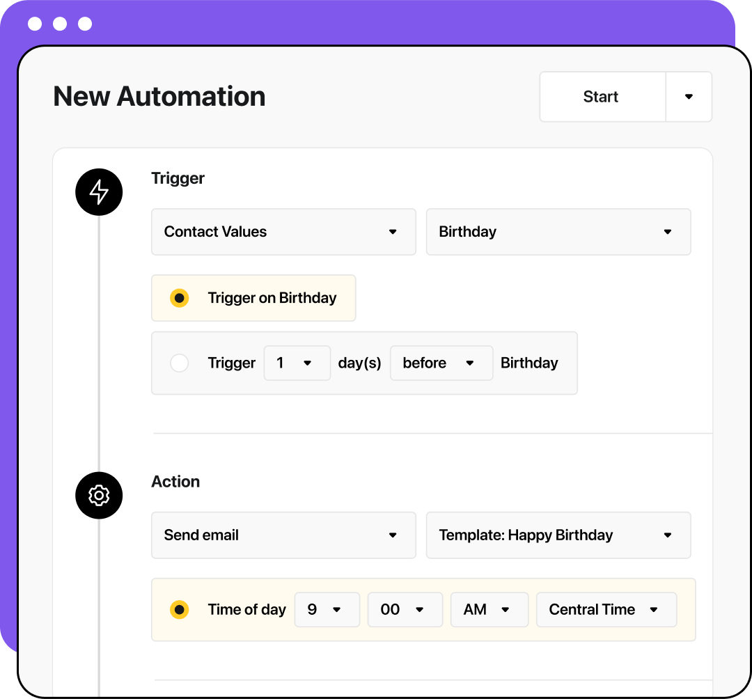 Illustration of the Heymarket automation builder, showing a trigger for Contact Field: Birthday = Today and an email action with the subject Happy Birthday {{FirstName}}! Let’s make it extra special.