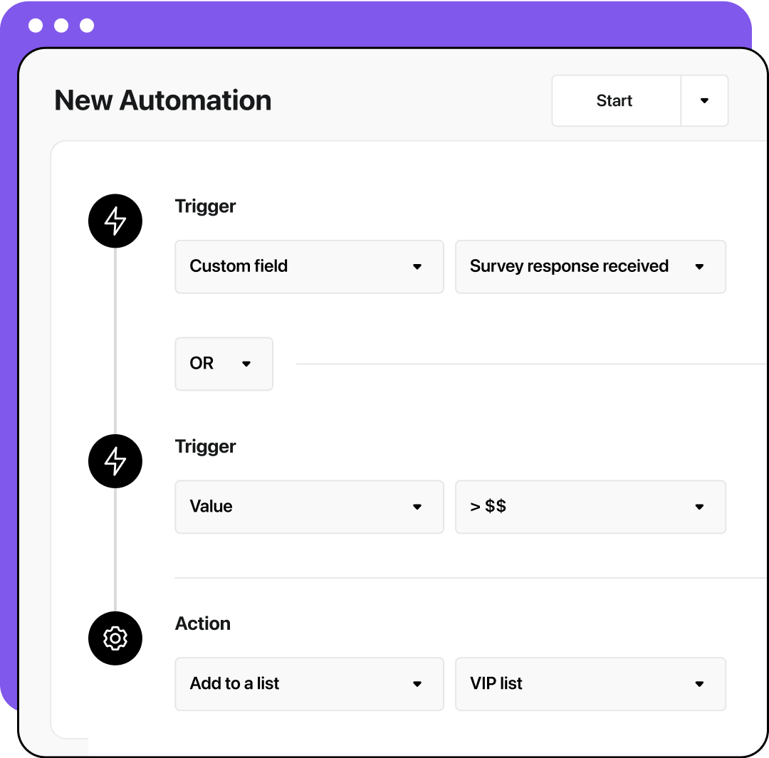 Illustration of automation criteria: Triggered by an SMS survey response or value greater then $$, with the action to add the contact to the VIP list.