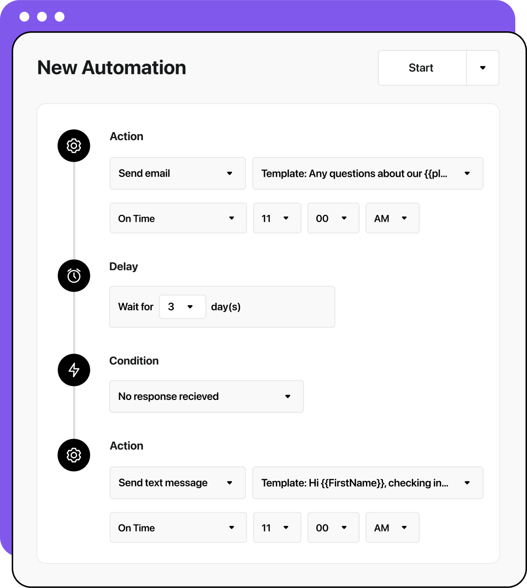 Automation interface showing a post-meeting message template. The automation waits 3 days, then sends a follow-up text template.