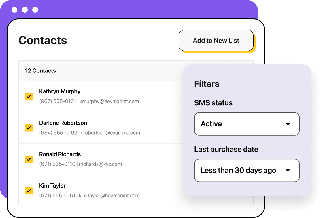 Contact segmentation filters: SMS status is active and last purchase date is within the last 30 days.