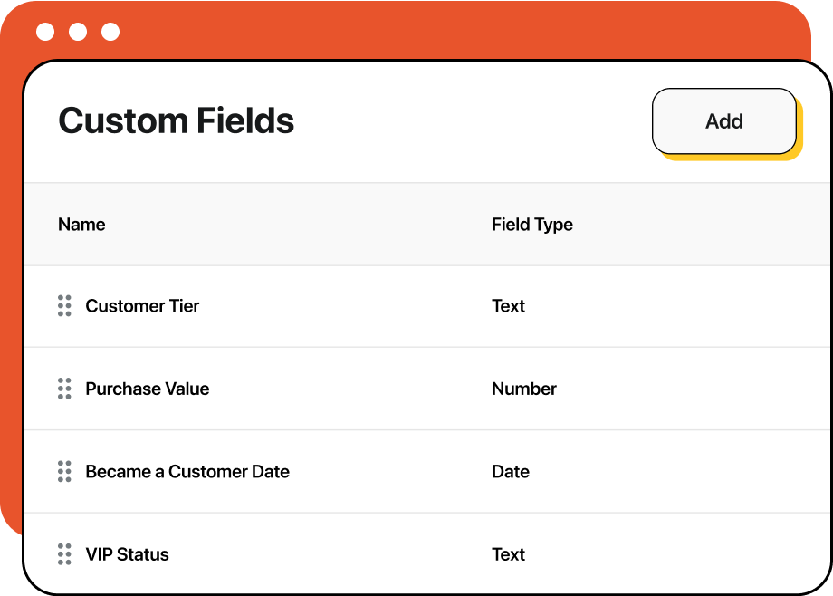 Custom Fields screen displaying a list of fields: Customer Tier, Purchase Value, Became a Customer Date, VIP Status, and an
