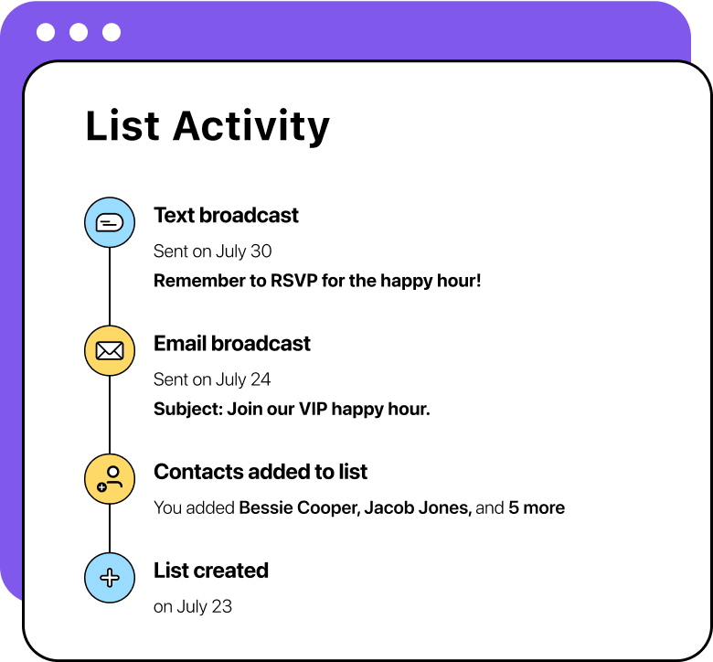 Illustration of List activity log showing the list was created on July 23, an email broadcast titled