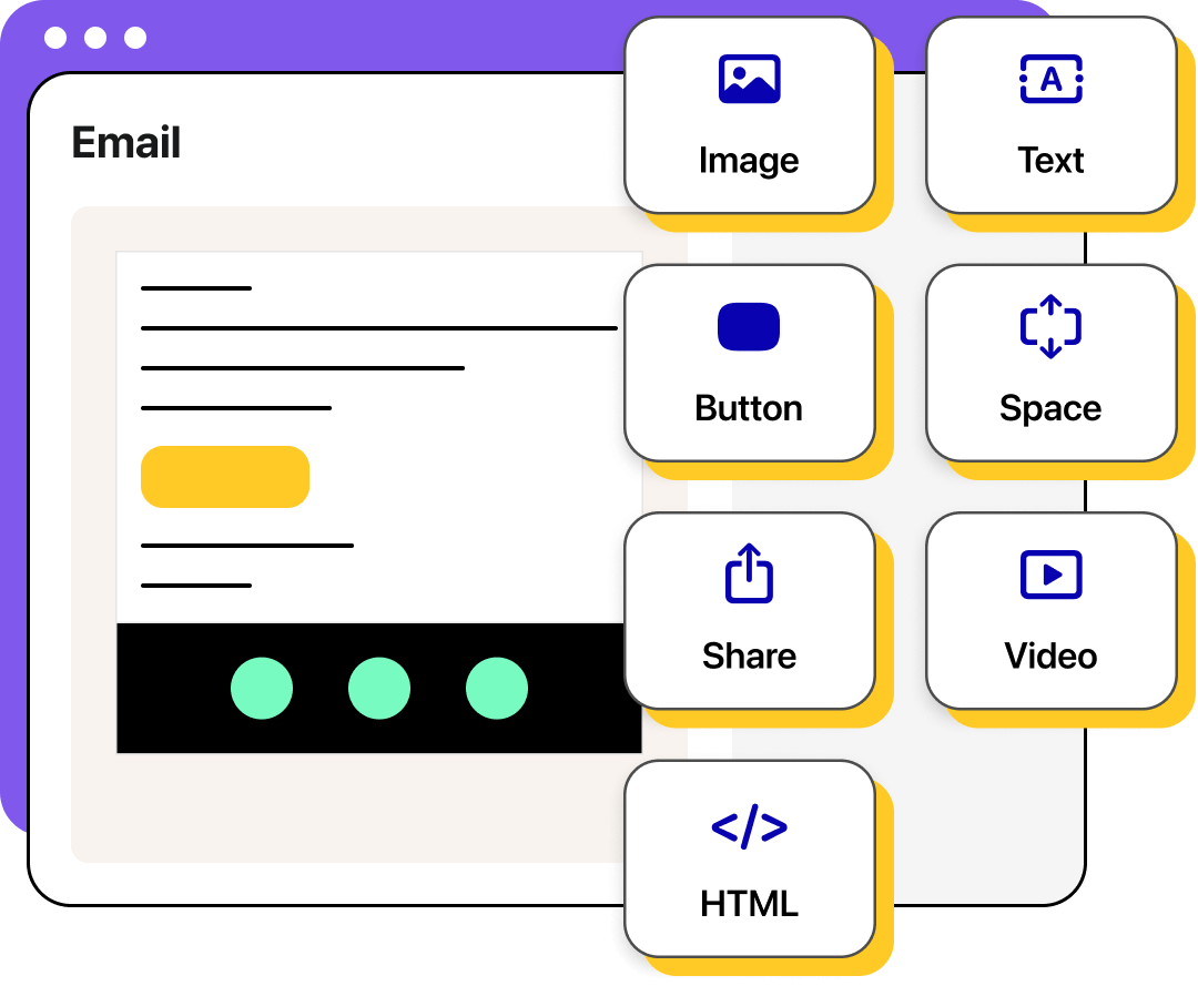Illustration of a drag-and-drop email editor interface, showcasing various content blocks and formatting options for creating an email.