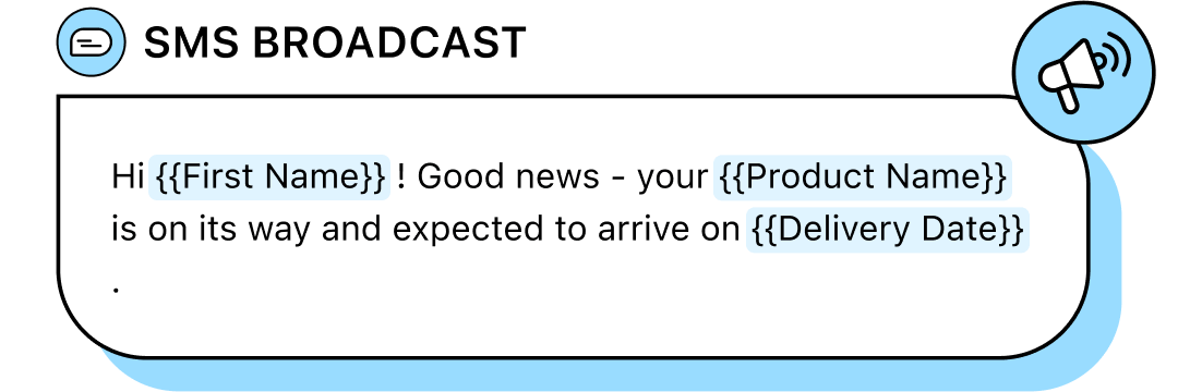 Illustration of an SMS broadcast utilizing custom fields. The message reads: 