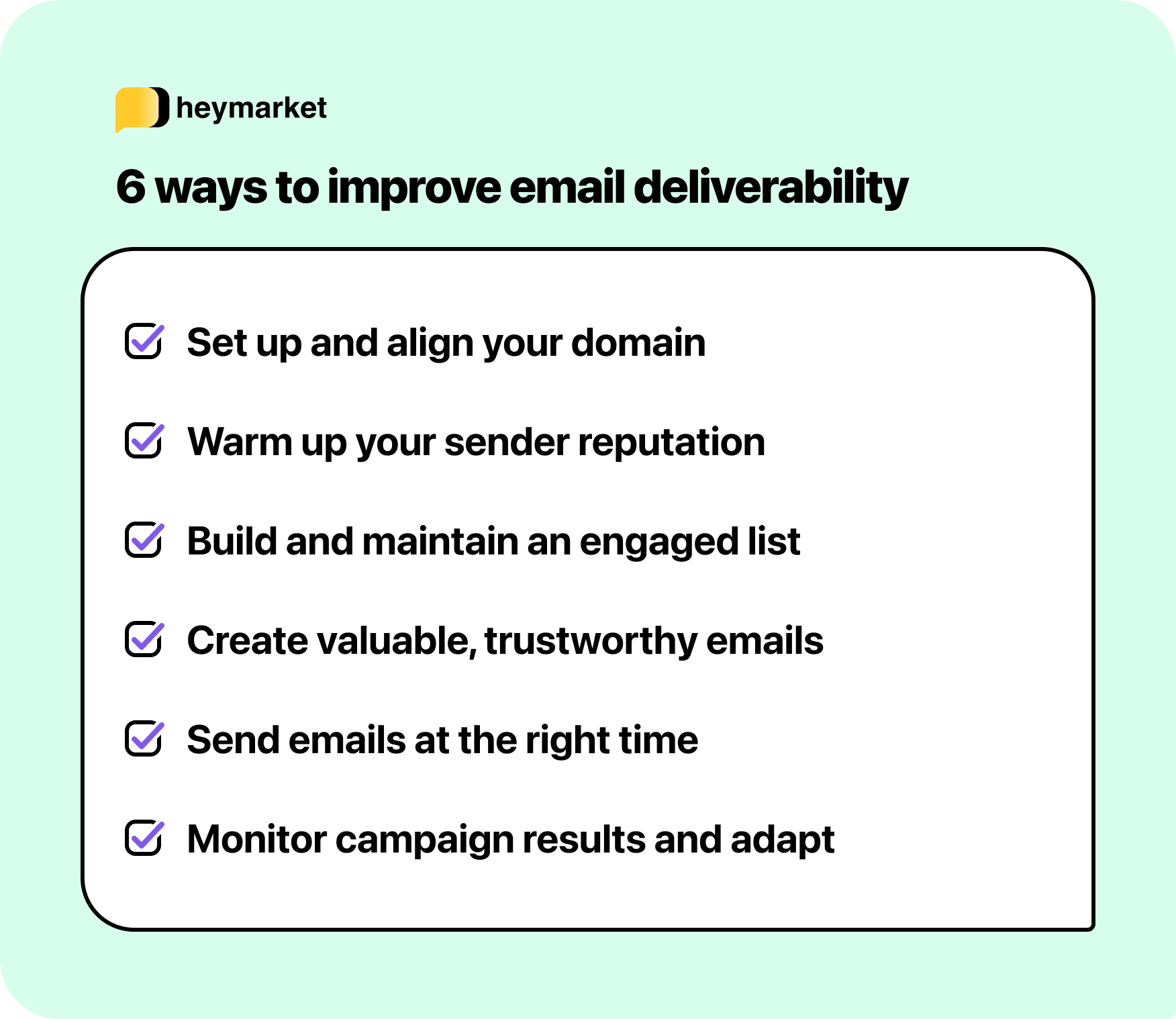 A list showing six strategies for ensuring marketing emails reach the right inbox