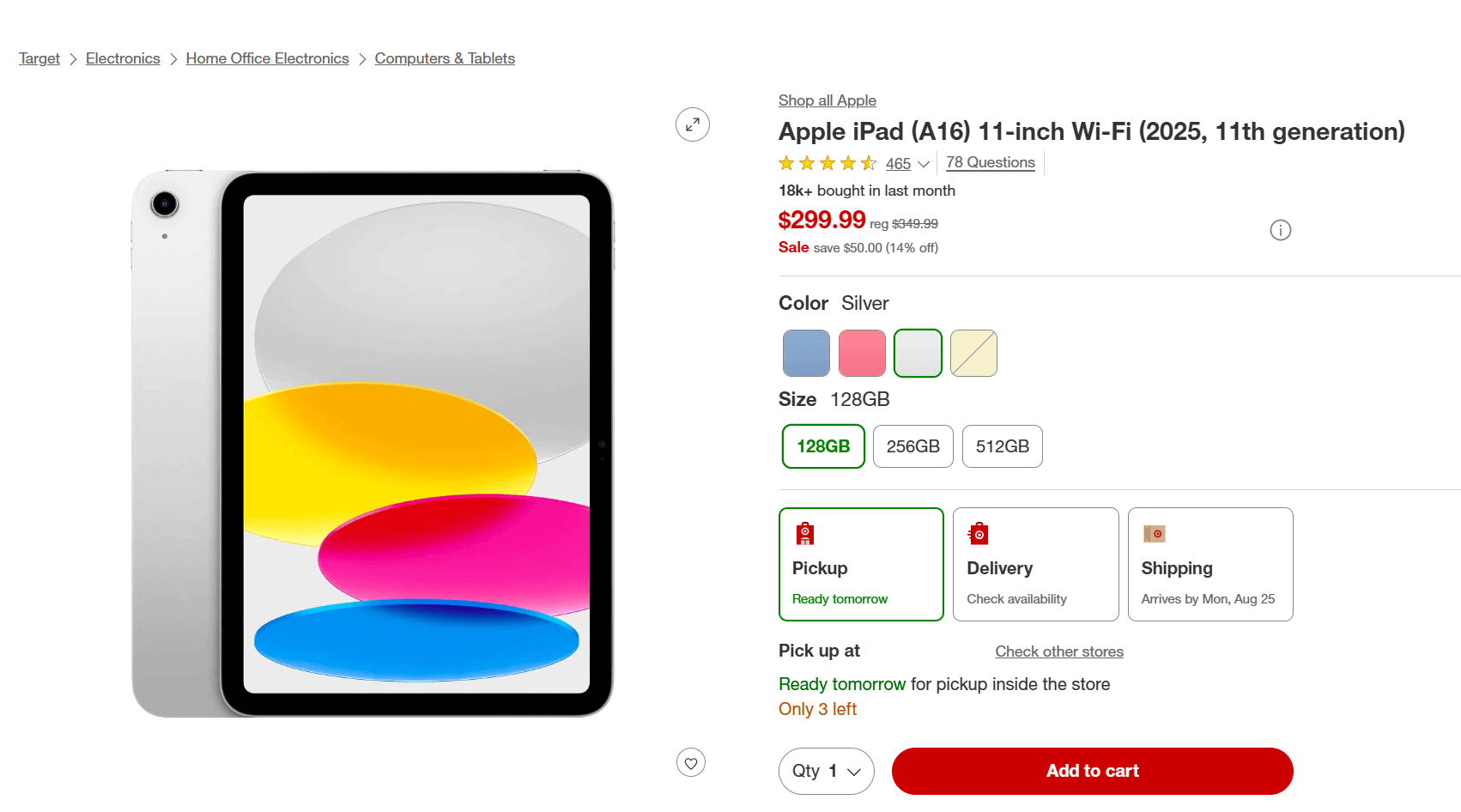 Screenshot of the Apple iPad A16 product page on Target website