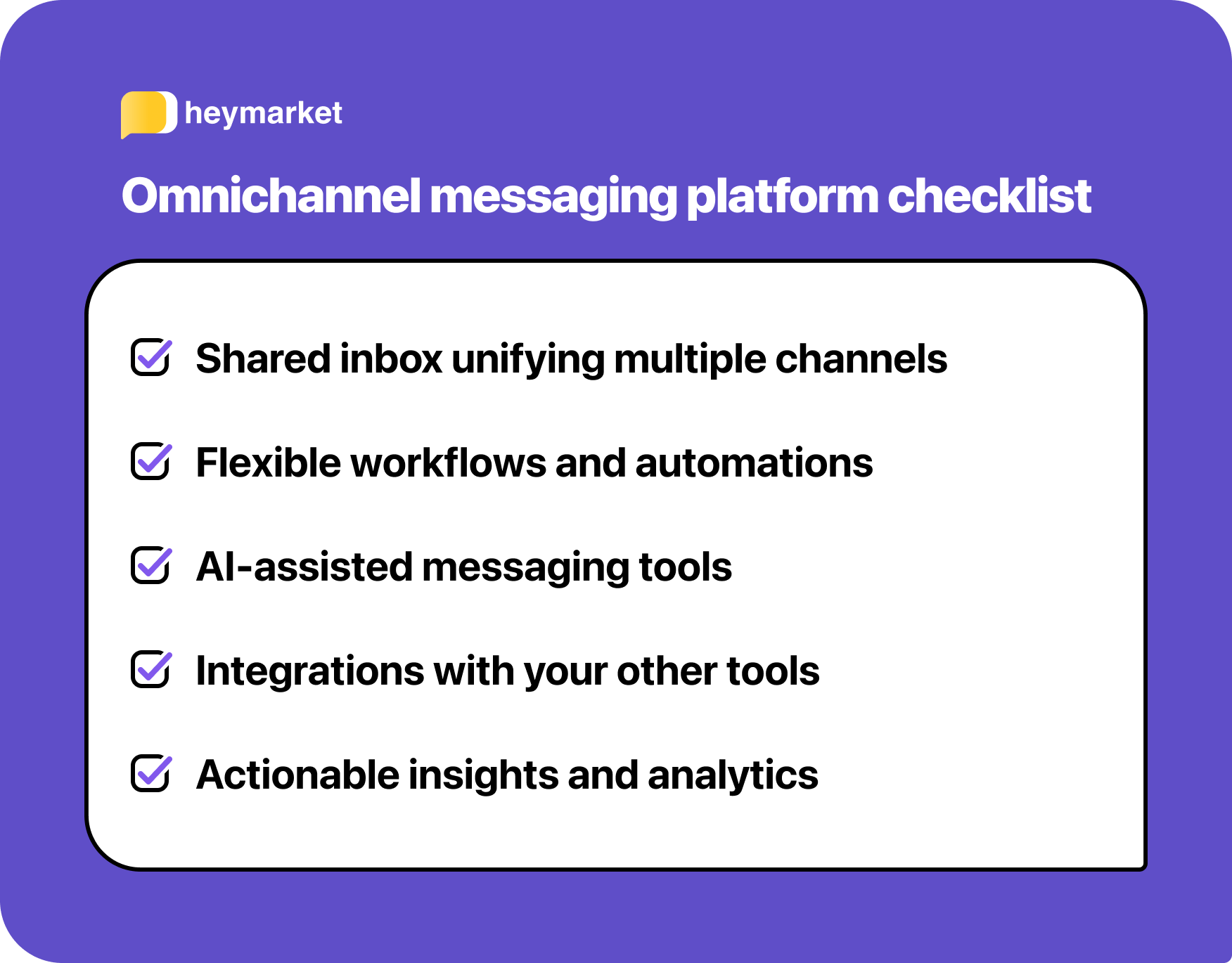 A checklist graphic showing five boxes that each include one of the items to look for when choosing an omnichannel tool