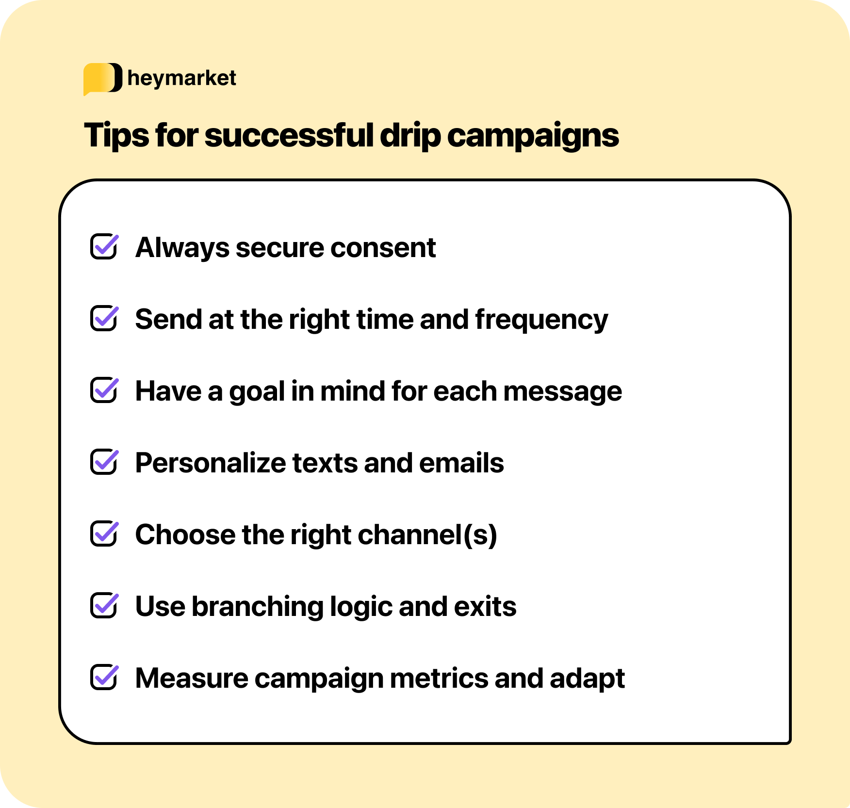 A list showing seven tips to help businesses build effective drip campaigns