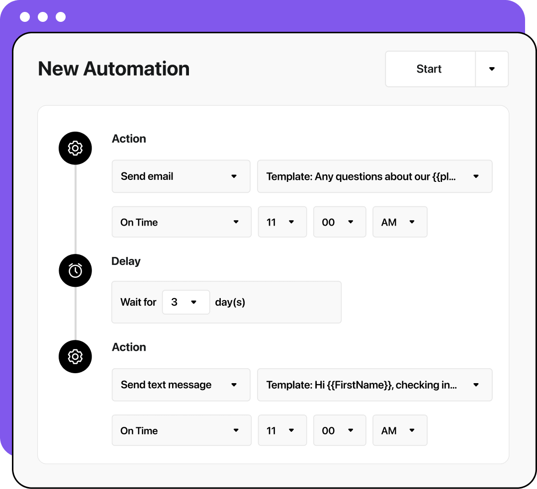 Automation interface showing a post-meeting message template. The automation waits 3 days, then sends a follow-up text template.