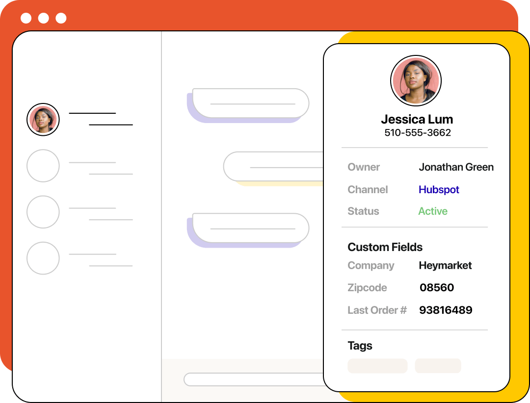 Contact details with custom fields in the sidebar, Heymarket web application illustration