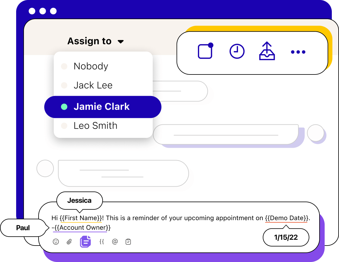 Illustration of Heymarket web app screen with collaboration and message composition using merge tokens