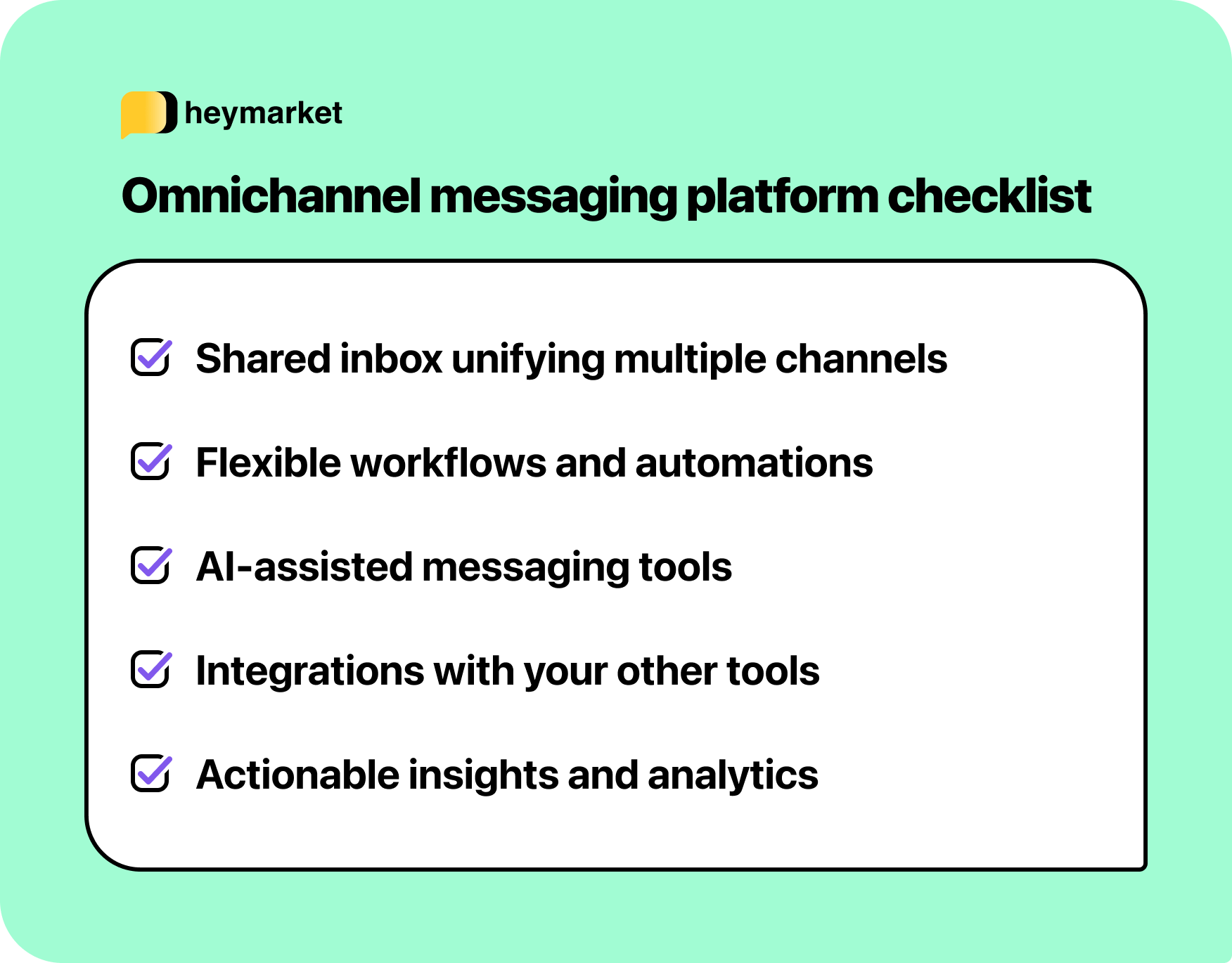 A checklist graphic showing five boxes that each include one of the items to look for when choosing an omnichannel tool