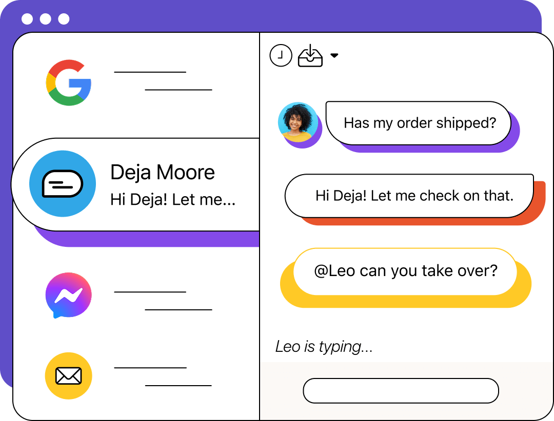 Screenshot of a shared inbox interface, showing a conversation with Deja Moore. A customer asks if their order has shipped, Deja offers to check, and then tags Leo to take over the conversation. Leo is shown typing. Icons for Google, Messenger, and email are visible on the left sidebar.