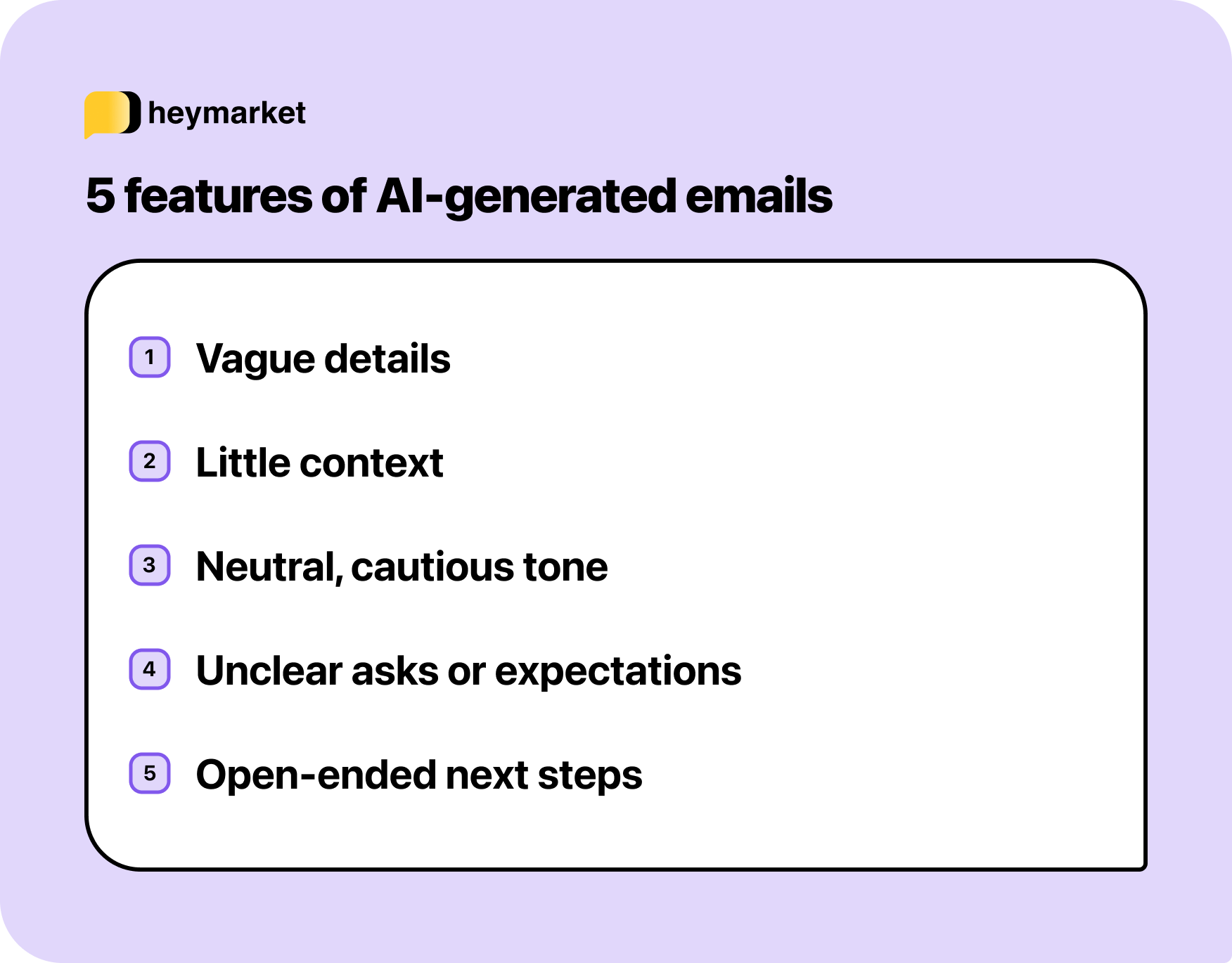 Graphic listing common traits of emails that sound AI-generated, like neutral tone and unclear next steps