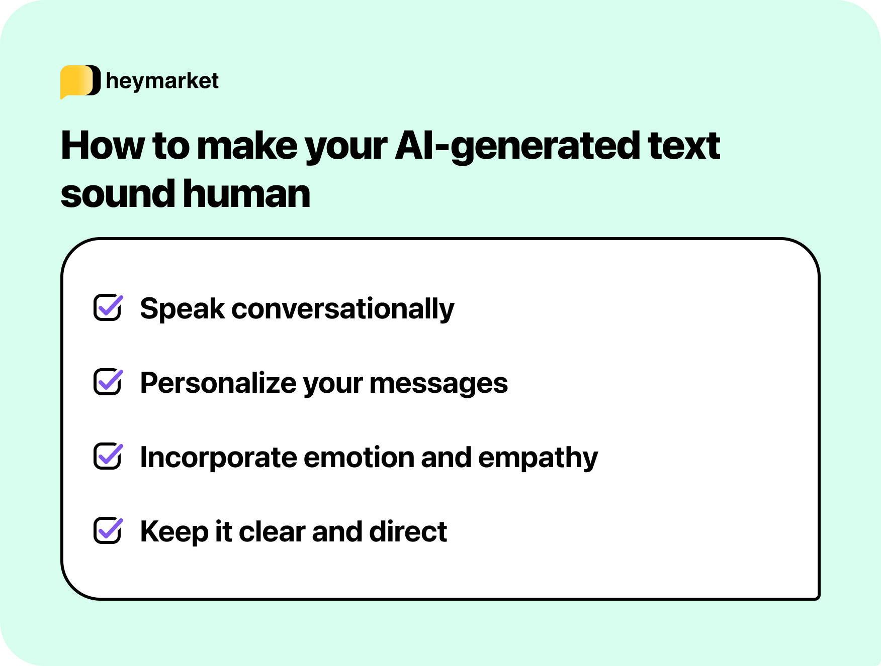 A graphic showing a list of four practices that make text sound more human: Speak conversationally, Personalize your messages, Incorporate emotion and empathy, Keep it clear and direct
