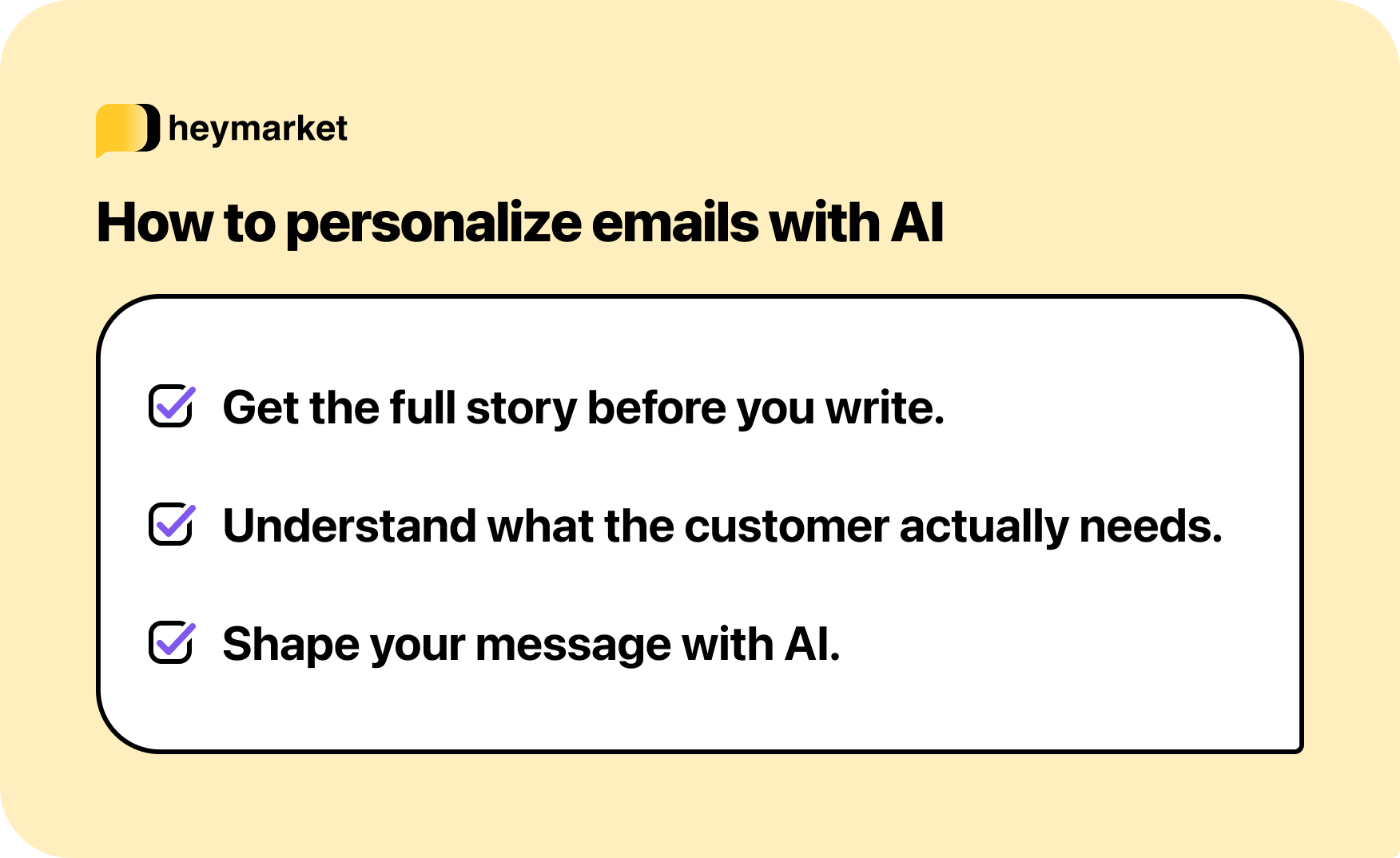 Three bubbles listing the three core strategies for effectively personalizing emails with AI