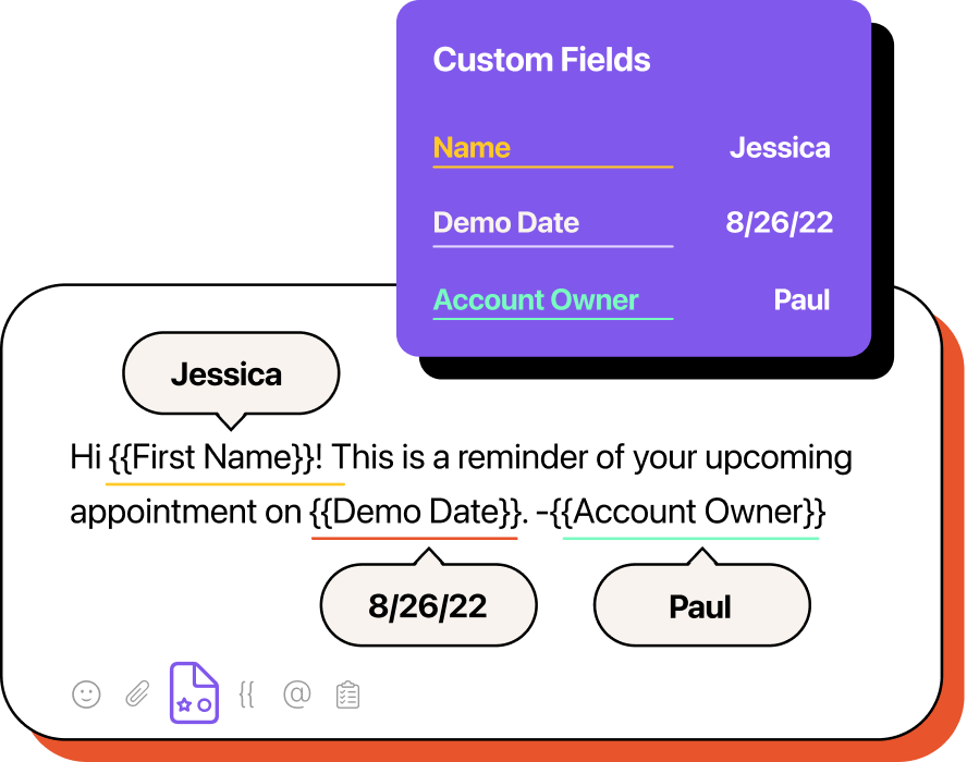 Illustration showcasing custom fields: Name (Jessica), Demo Date (8/26/22), and Account Owner (Paul), used in a message template to create a reminder for an upcoming appointment.