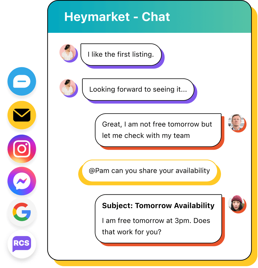 HubSpot record interface with the Heymarket chat widget showing
