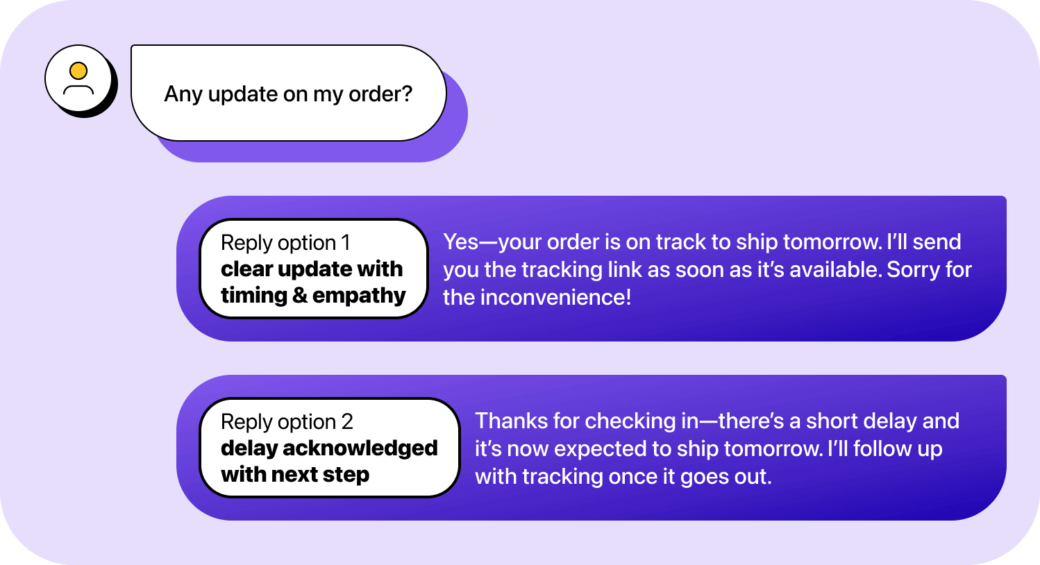 Chat conversation showing reply options to “Any update on my order?”