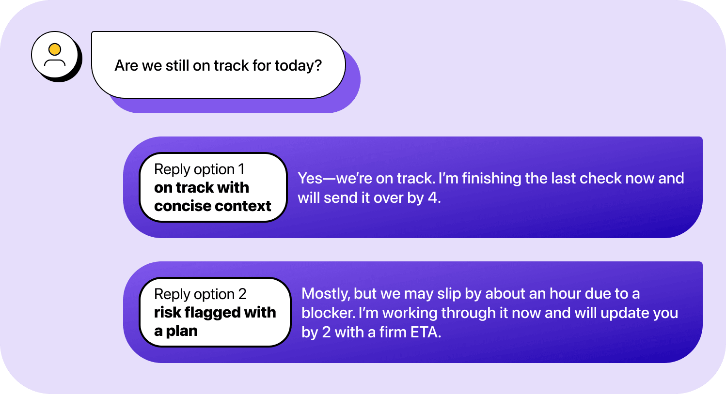 Chat conversation showing reply options to “Are we still on track for today?”