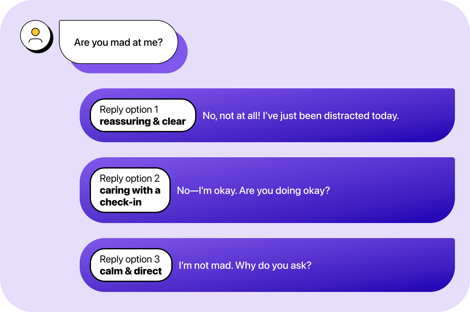Chat conversation showing reply options to “Are you mad at me?”