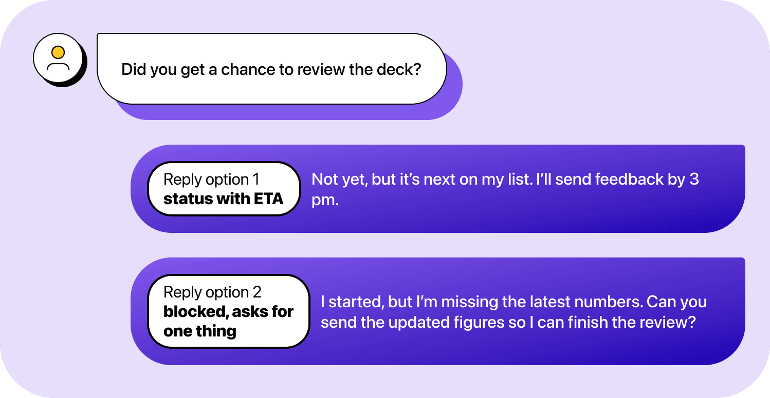 Chat conversation showing reply options to “Did you get a chance to review the deck?”
