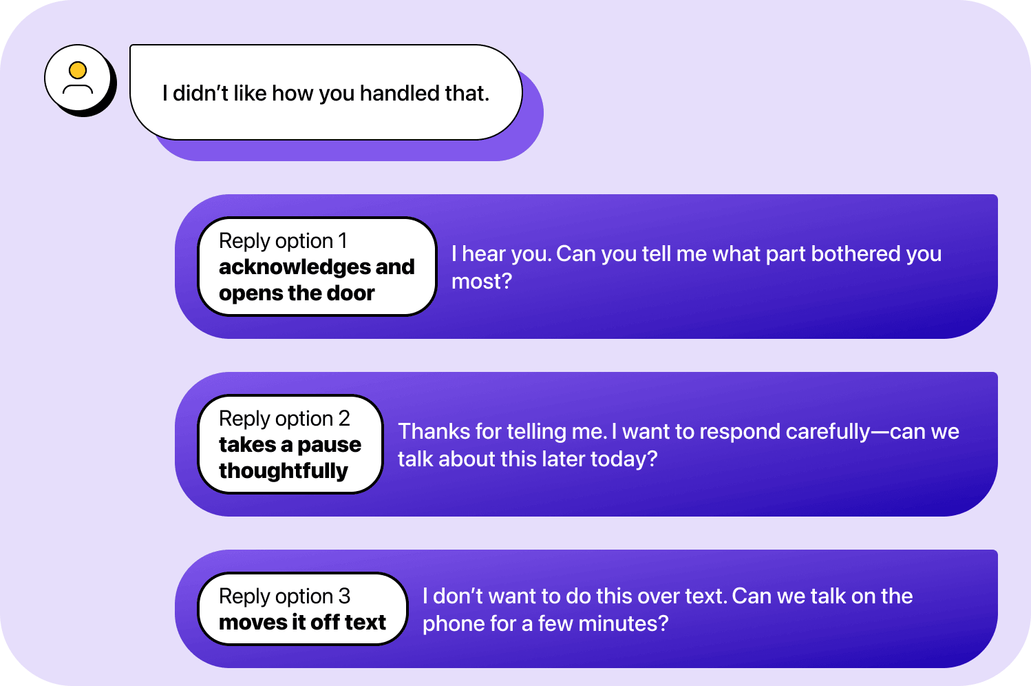 Chat conversation showing reply options to “I didn't like how you handled that.”