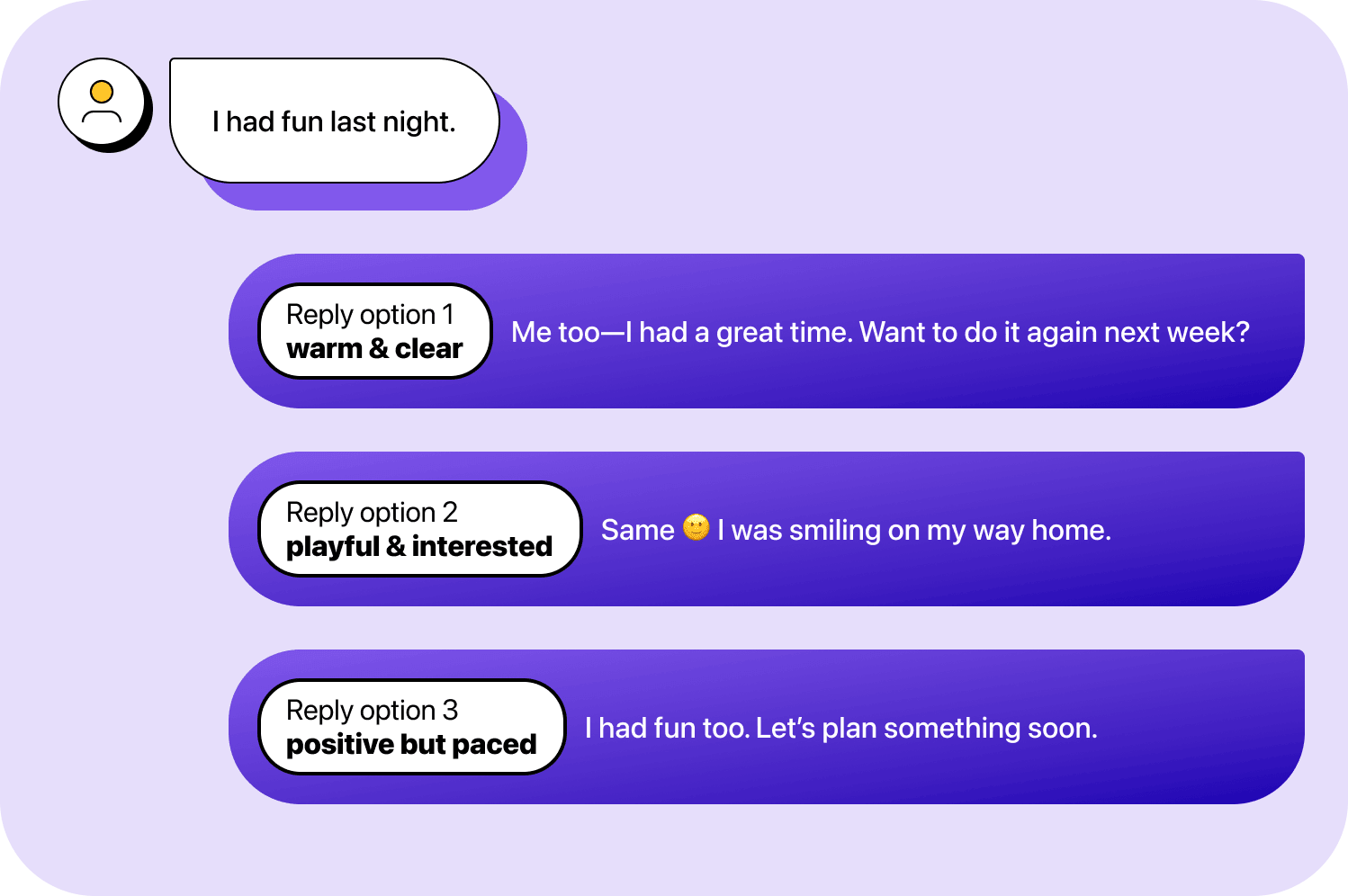 Chat conversation showing reply options to “I had fun last night.”