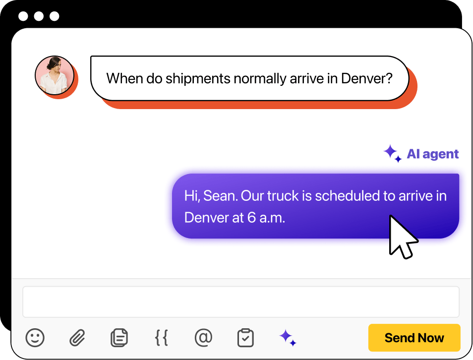 Illustration of a chat interface where a customer asks about shipment arrival times in Denver, and an AI agent responds that a truck is scheduled to arrive at 6 a.m.