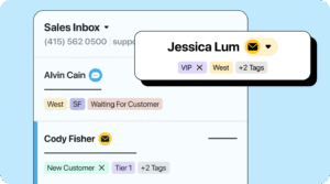 Illustration of a sales inbox interface displaying customer conversations with tags.
