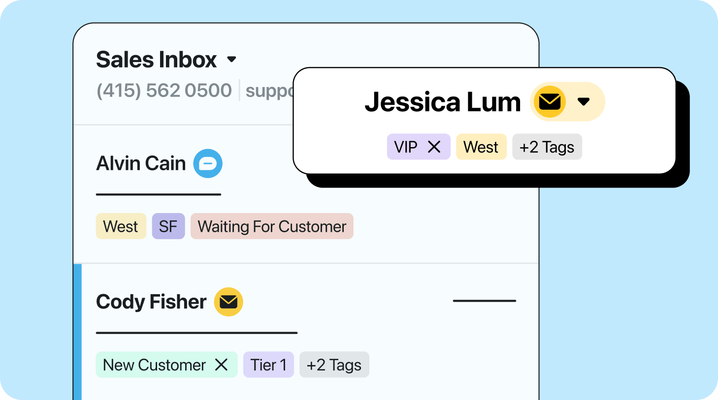 Illustration of a sales inbox interface displaying customer conversations with tags.