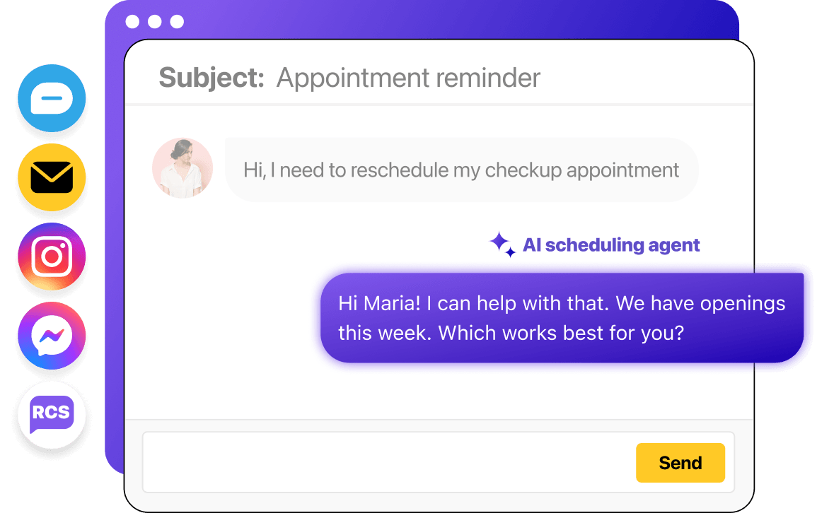 An illustration of a Heymarket conversation showing a healthcare inquiry with an AI agent
