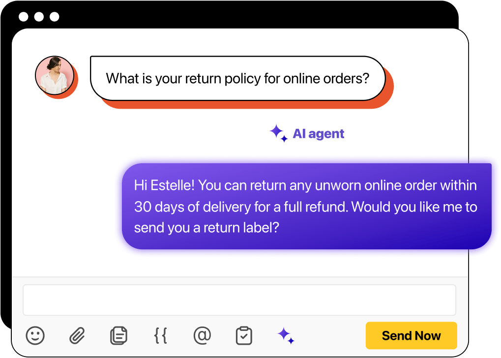 Illustration of a customer inquiry about return policy for online orders and a response generated by the Heymarket AI agent.