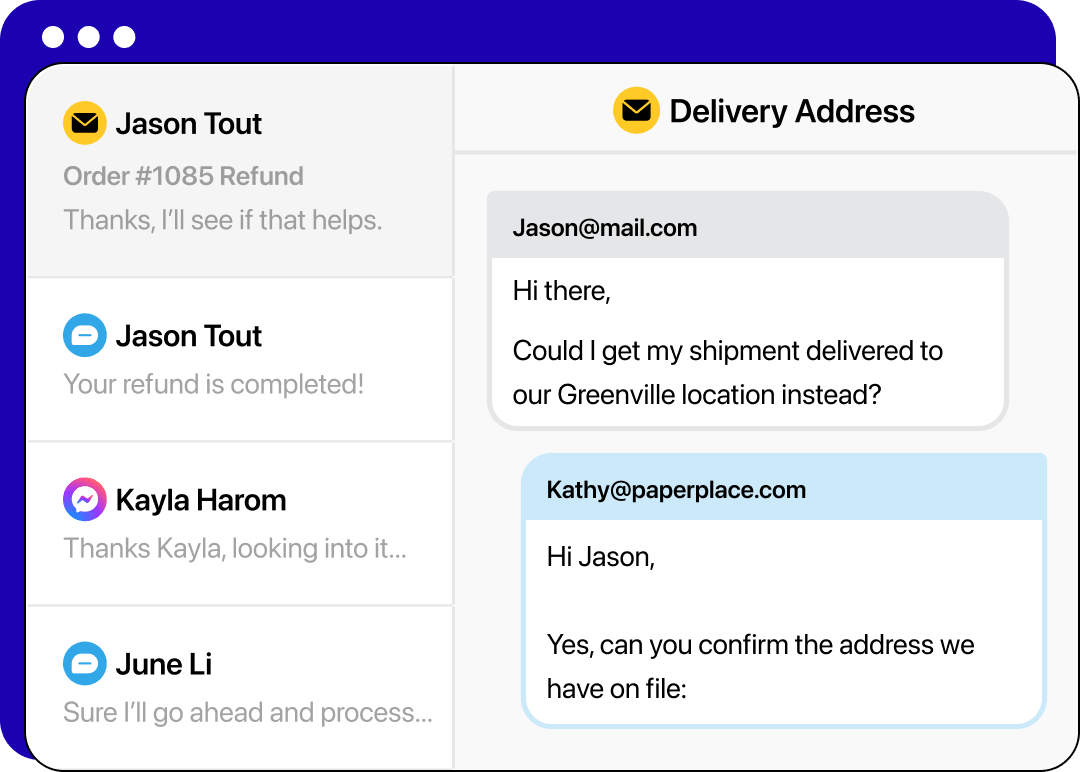 Shared inbox showing SMS and email