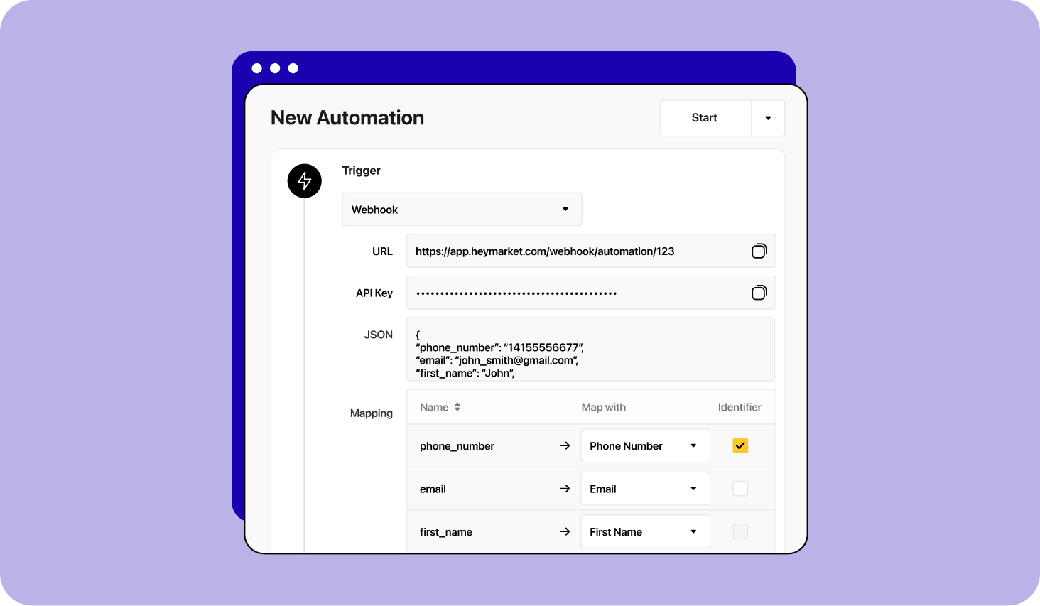 Illustration of webhook automation trigger in Heymarket