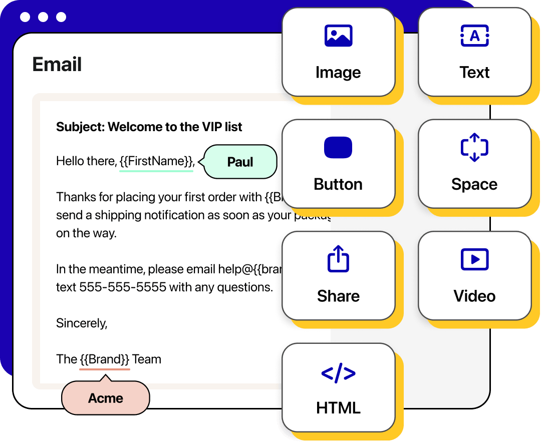 Email templates hero showcases email composing with merge tags and drag-and-drop cards ready to be inserted into the template