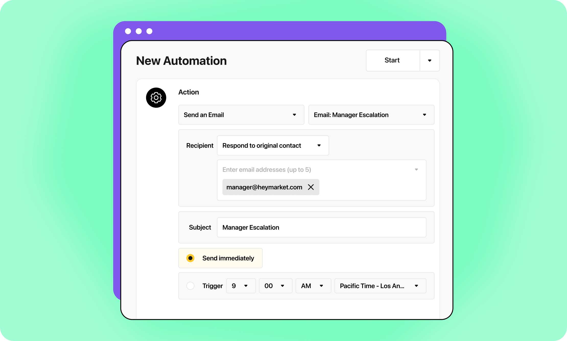 Illustration of the "New Automation" screen, configured to send an email with the subject "Manager Escalation" immediately upon triggering.