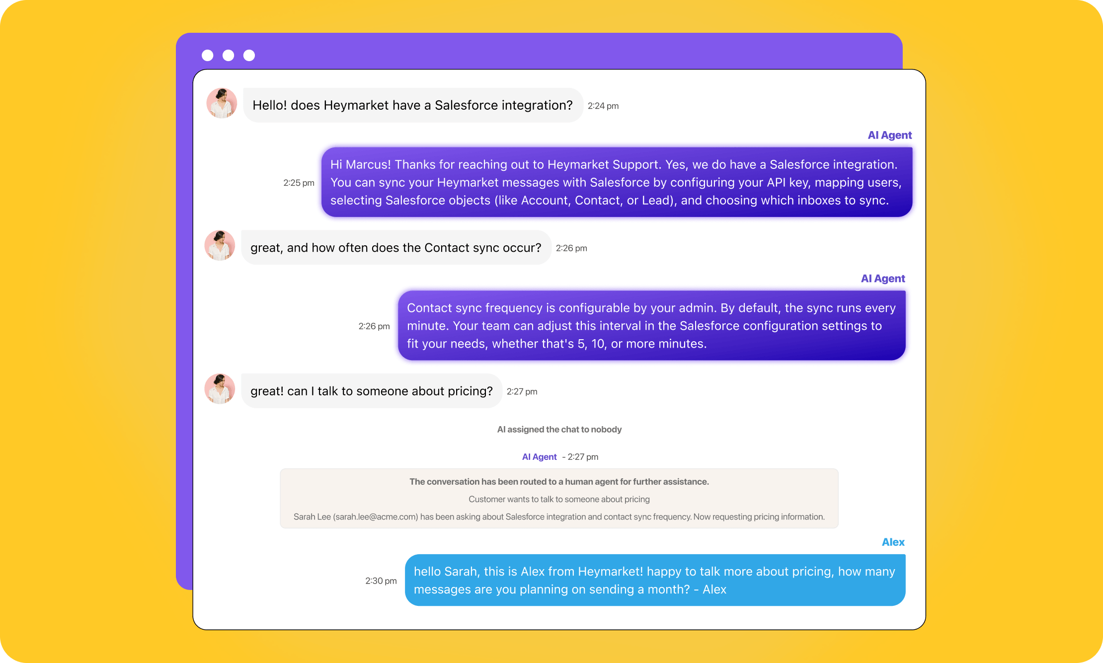 Illustration of a Heymarket conversation with an AI agent with routing to a human.