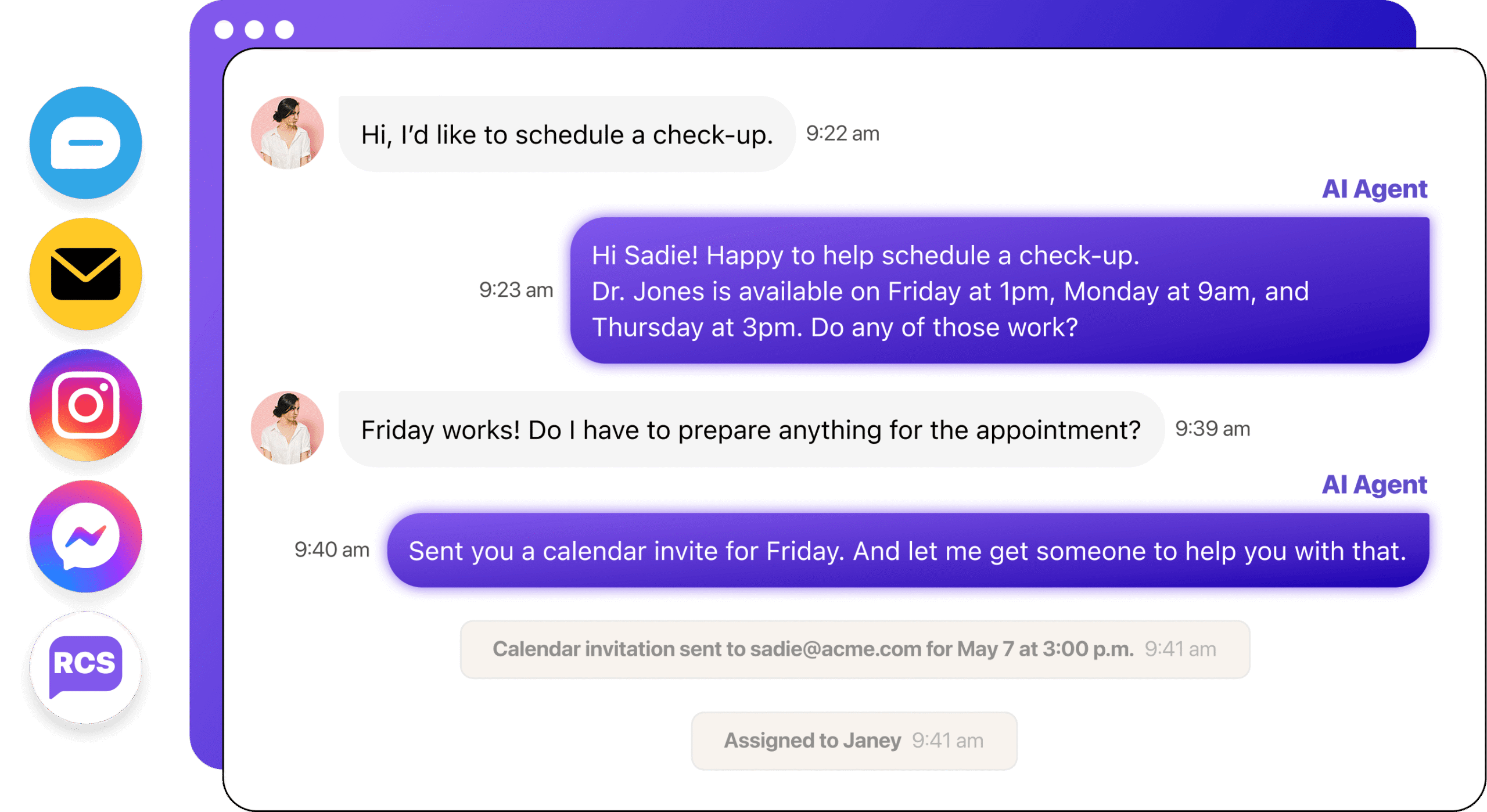 Illustration of an AI scheduling assistant helping a user book a medical appointment, with communication channel icons visible on the left.