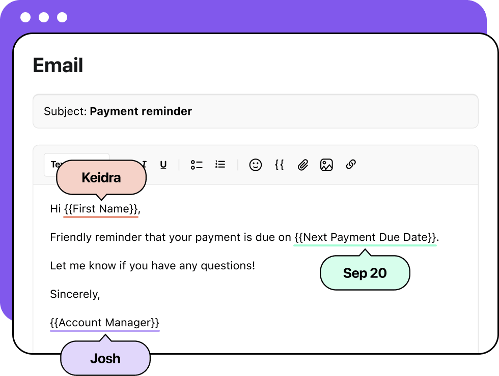 An illustration of composing an email with merge tags and personalized data