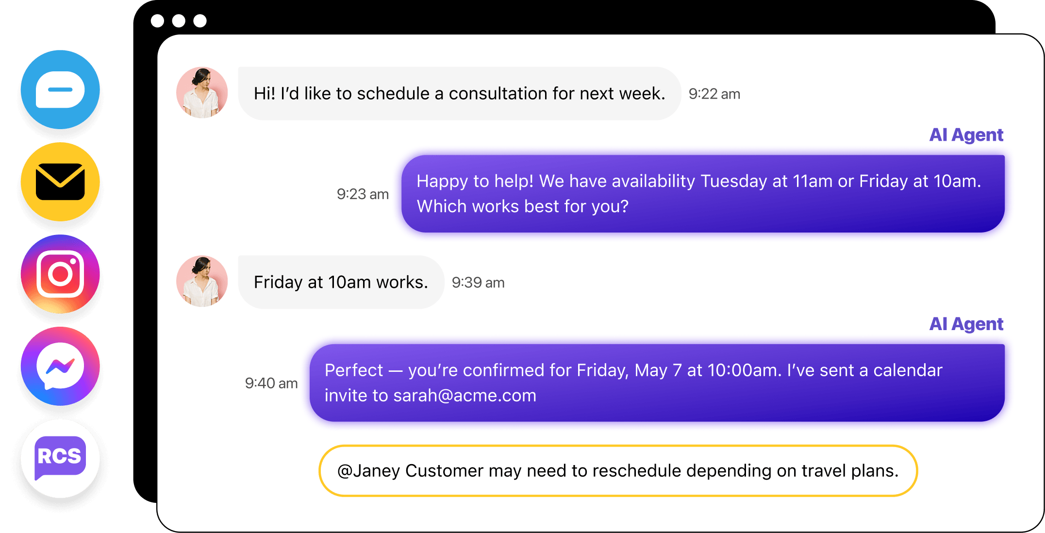 Illustration of a shared inbox with an AI scheduling agent confirming an appointment in-thread